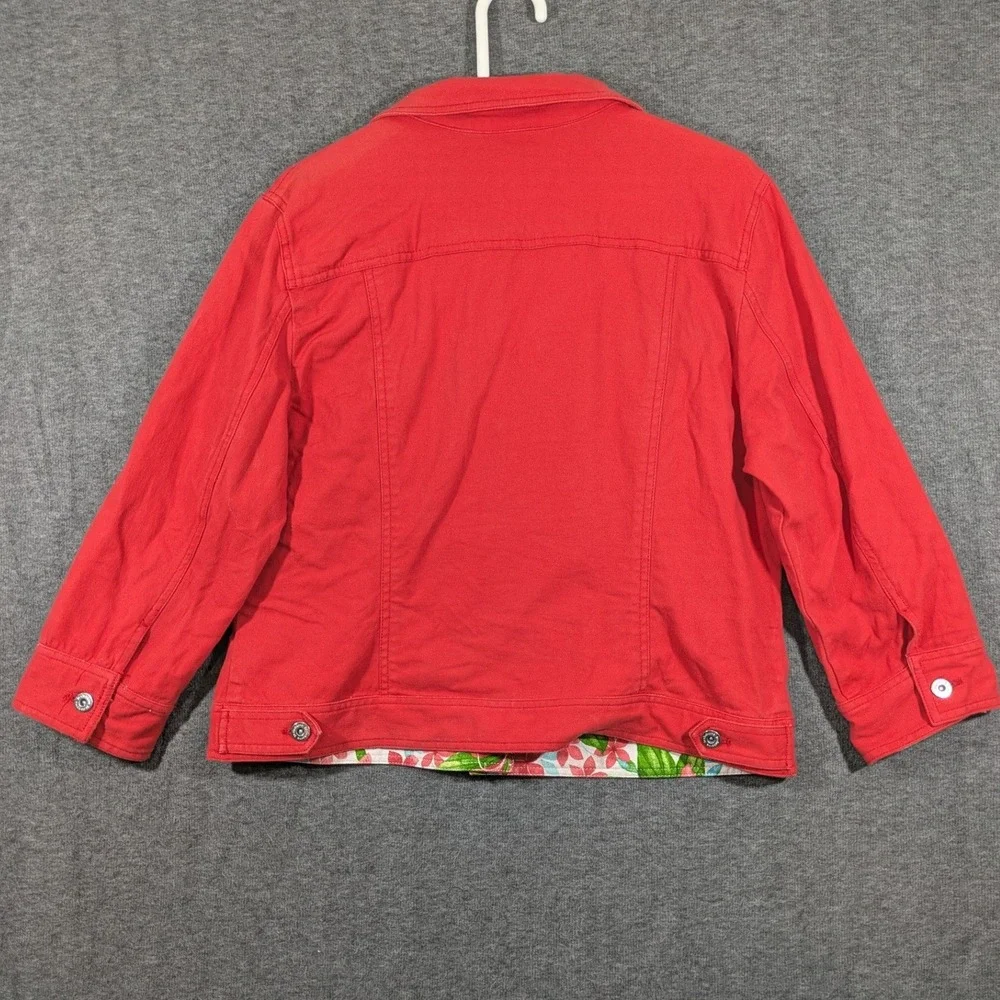 Liz Claiborne Button Up 3/4‎ Sleeve Red Floral Denim Style Jacket Size XL